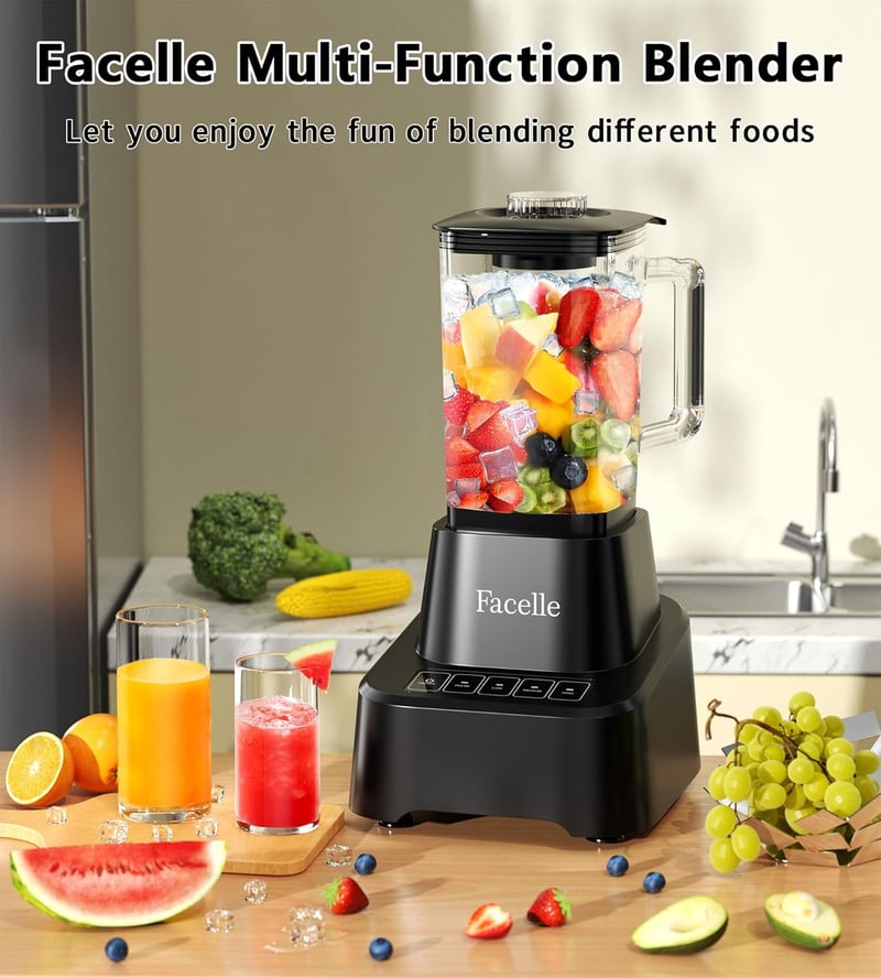 Facelle Turmixgép 1,6L Üvegkancsóval - Érintőképernyős Smoothie Készítő 4 Sebességfokozattal, Kivehető Rozsdamentes Acél Pengével, Fekete