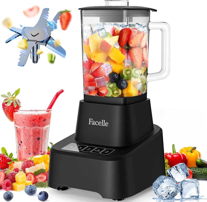 Facelle Turmixgép 1,6L Üvegkancsóval - Érintőképernyős Smoothie Készítő 4 Sebességfokozattal, Kivehető Rozsdamentes Acél Pengével, Fekete