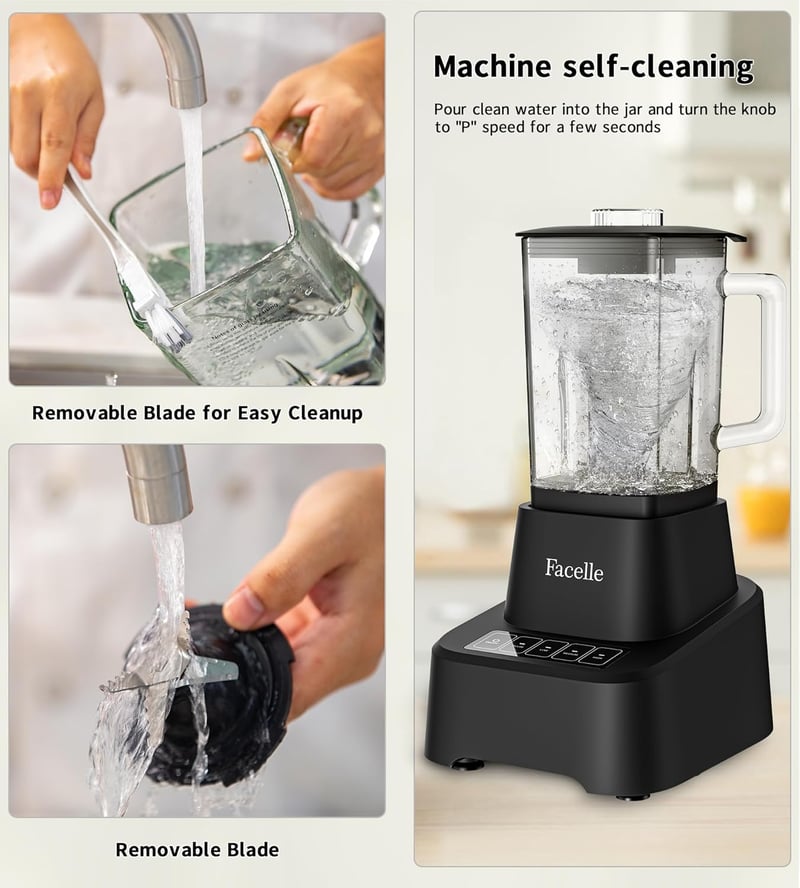 Facelle Turmixgép 1,6L Üvegkancsóval - Érintőképernyős Smoothie Készítő 4 Sebességfokozattal, Kivehető Rozsdamentes Acél Pengével, Fekete