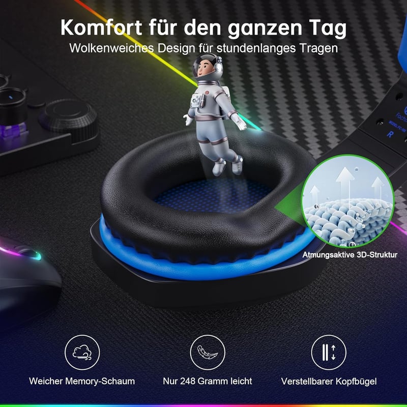 Fachixy FC100 Wireless Gaming Headset 2.4G PS5 PS4 PC Switch, 50 órás akkumulátor - RGB Black/Blue, Pro-Wireless