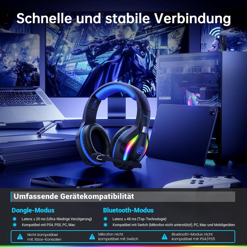 Fachixy FC100 Wireless Gaming Headset 2.4G PS5 PS4 PC Switch, 50 órás akkumulátor - RGB Black/Blue, Pro-Wireless