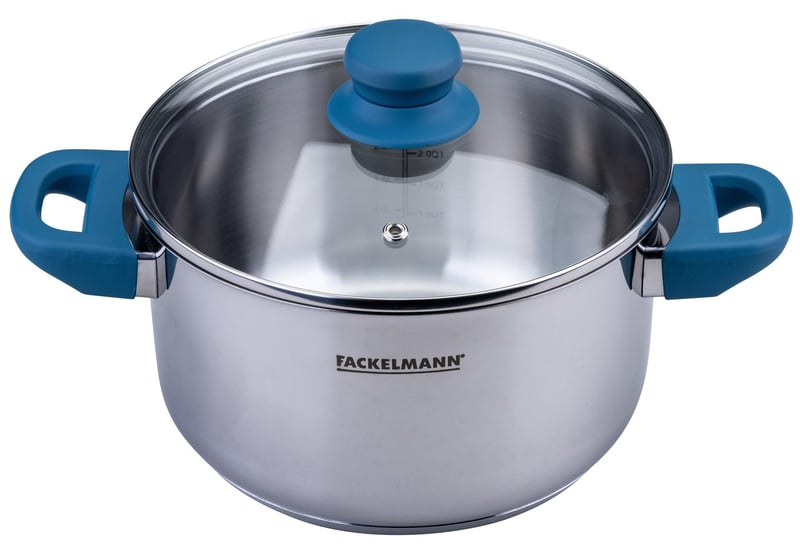 Oală din oțel inoxidabil Fackelmann Essential, diametru 20 cm, cu mânere albastre soft-touch, pentru toate tipurile de plită