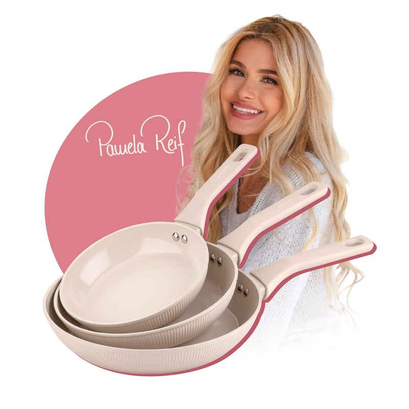 Sada panvíc Fackelmann x Pamela Reif 3 ks – Ø 20/24/28 cm, pastelová béžová, keramický povrch bez PFAS, recyklovaný hliník, na všetky typy sporákov