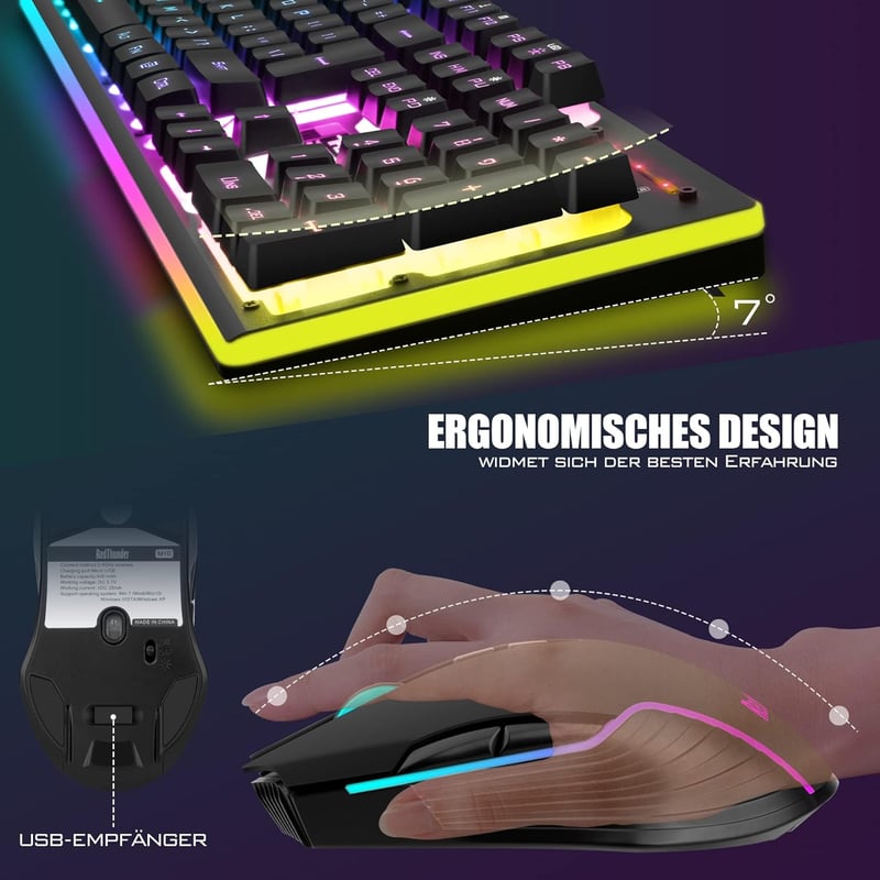 RedThunder K10 Vezeték Nélküli Gamer Billentyűzet és Egér Szett, QWERTZ Német Kiosztás, 3000 mAh Akkumulátor, 3200 DPI, RGB Háttérvilágítás - black