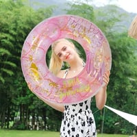 Colac de înot gonflabil FaDazCruxt cu paiete, transparent, model sirenă, 90 cm, roz-roșu, pentru adulți și copii, petrecere la piscină de vară 4