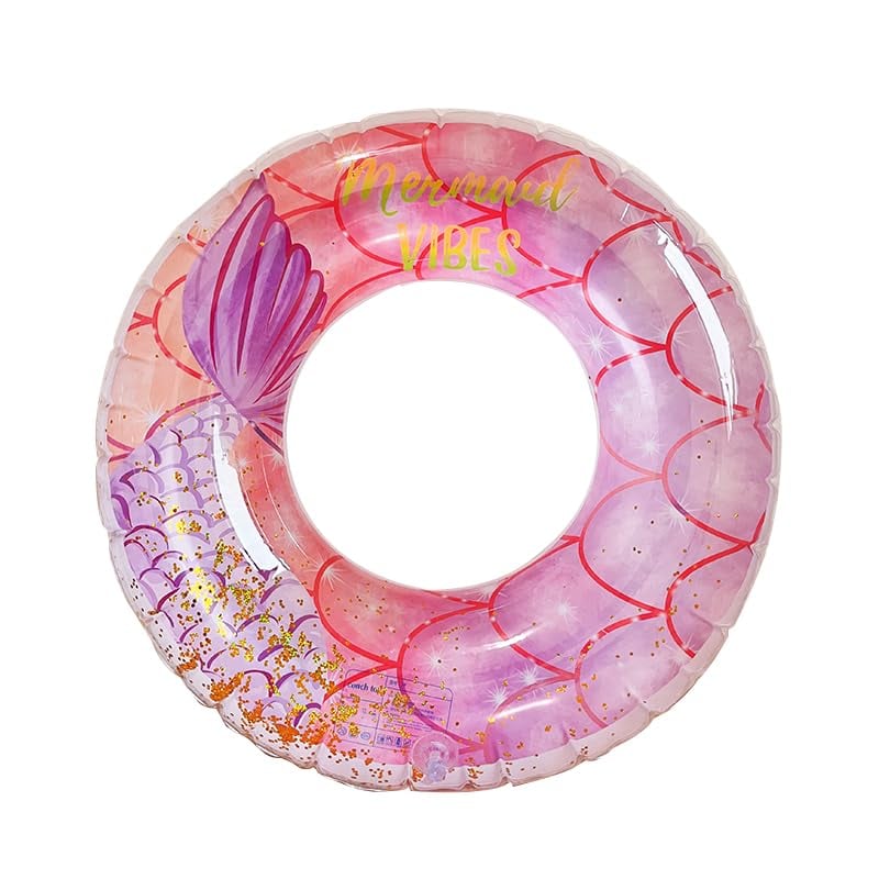 Colac de înot gonflabil FaDazCruxt cu paiete, transparent, model sirenă, 90 cm, roz-roșu, pentru adulți și copii, petrecere la piscină de vară