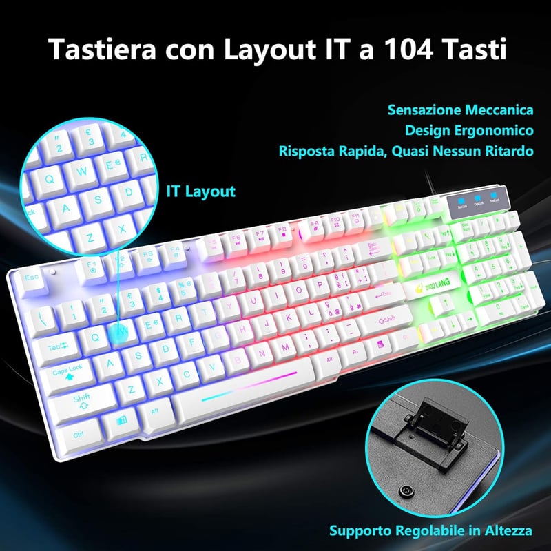 ZIYOU LANG Gamer Billentyűzet és Egér Szett - Fehér, RGB LED Háttérvilágítás, 2400 DPI, Vízálló, 6 Gombos Egér, Egérpad, USB, PS4/Xbox Kompa