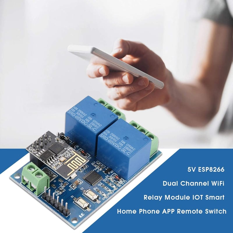 Fafeicy ESP8266 Kétcsatornás WiFi Relé Modul - 5V IOT Okosotthon Vezérlő, Távoli Kapcsoló Mobilalkalmazással, 59x40mm