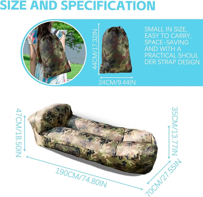FainFun Felfújható tengerparti kanapé 230 x 70 cm Oxford 210D Army zöld terepszín párnával oldalzsebekkel