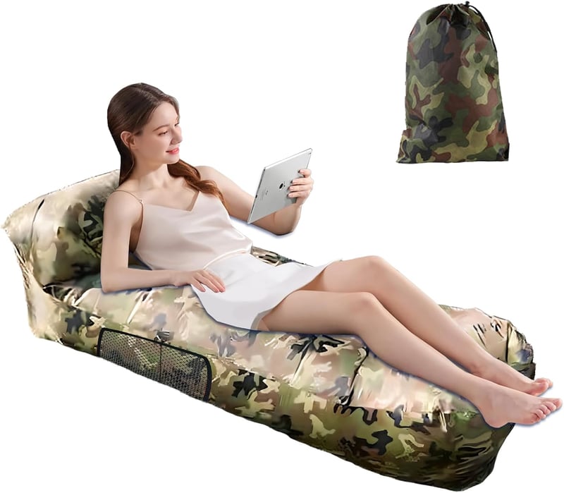FainFun Felfújható tengerparti kanapé 230 x 70 cm Oxford 210D Army zöld terepszín párnával oldalzsebekkel