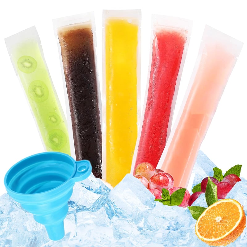 FainFun vrecká na nanuky 100 ks, opakovane použiteľné vrecká na mrazené pochúťky s lievikom, 60 ml formy na domáce nanuky na jogurt, ovocnú šťavu a zmrzlinu