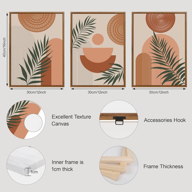 FajerminArt 3 db boho geometrikus vászonkép kerettel narancs növény leveles falikép nordic minimal 30x40 cm nappali háló iroda