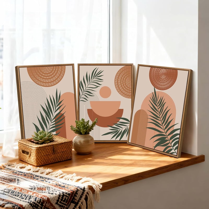 FajerminArt 3 db boho geometrikus vászonkép kerettel narancs növény leveles falikép nordic minimal 30x40 cm nappali háló iroda