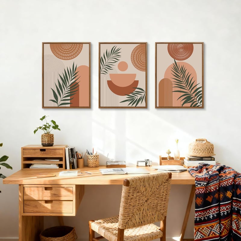 FajerminArt 3 db boho geometrikus vászonkép kerettel narancs növény leveles falikép nordic minimal 30x40 cm nappali háló iroda