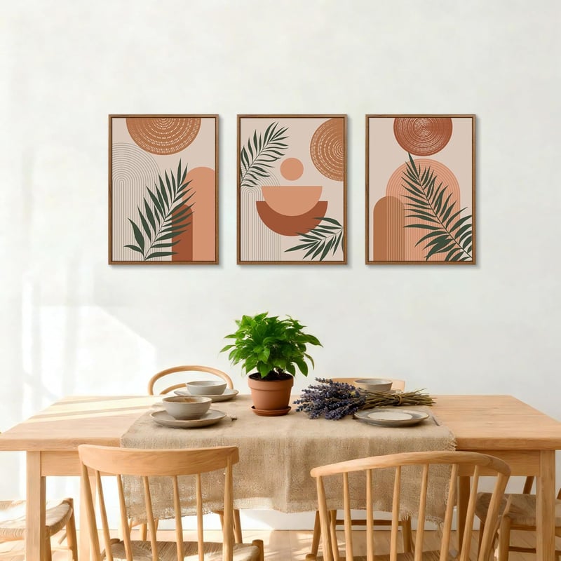 FajerminArt 3 db boho geometrikus vászonkép kerettel narancs növény leveles falikép nordic minimal 30x40 cm nappali háló iroda