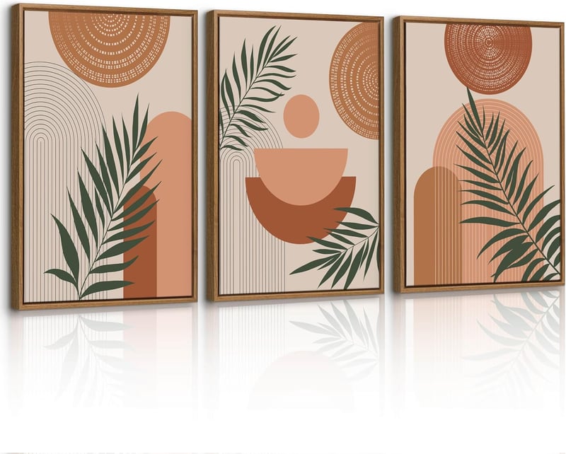 FajerminArt 3 db boho geometrikus vászonkép kerettel narancs növény leveles falikép nordic minimal 30x40 cm nappali háló iroda