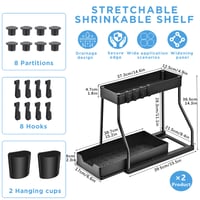 Organizator sub chiuvetă cu 2 niveluri FAMKEEP, raft glisant cu 8 cârlige și 2 coșuri, organizator pentru bucătărie și baie, negru 5