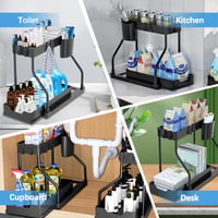 Organizator sub chiuvetă cu 2 niveluri FAMKEEP, raft glisant cu 8 cârlige și 2 coșuri, organizator pentru bucătărie și baie, negru 6