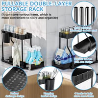Organizator sub chiuvetă cu 2 niveluri FAMKEEP, raft glisant cu 8 cârlige și 2 coșuri, organizator pentru bucătărie și baie, negru 2