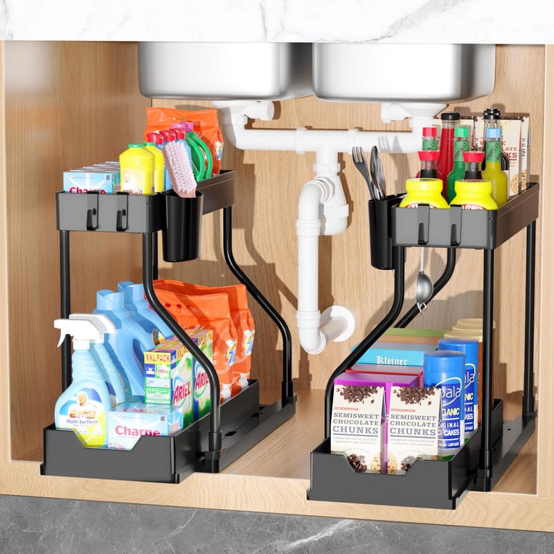 Organizator sub chiuvetă cu 2 niveluri FAMKEEP, raft glisant cu 8 cârlige și 2 coșuri, organizator pentru bucătărie și baie, negru