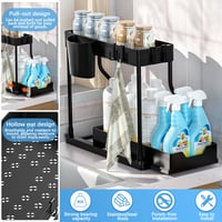 Organizator sub chiuvetă cu 2 niveluri FAMKEEP, raft glisant cu 8 cârlige și 2 coșuri, organizator pentru bucătărie și baie, negru 3