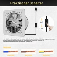 FanGoFast 250 mm-es Elszívó Ventilátor 1680 m³/h Visszacsapó Szeleppel, Ezüst Fali Ventilátor Konyhába Fürdőszobába Garázsba EU Csatlakozóval 5