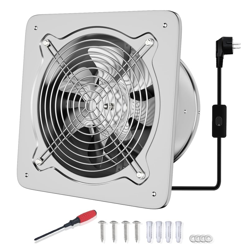 FanGoFast 250 mm-es Elszívó Ventilátor 1680 m³/h Visszacsapó Szeleppel, Ezüst Fali Ventilátor Konyhába Fürdőszobába Garázsba EU Csatlakozóval