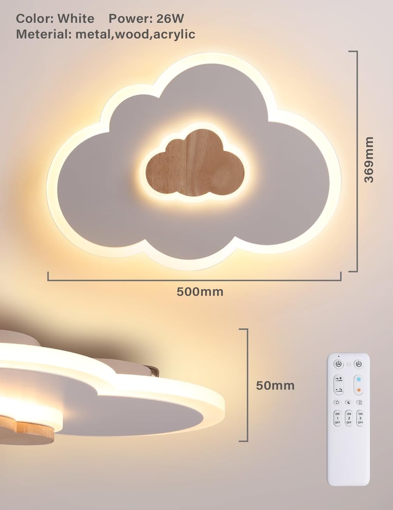 FANLG Felhő mintás LED mennyezeti lámpa gyerekszobába 26W 50 cm fa betéttel dimmelhető távirányítóval 3000-6000K