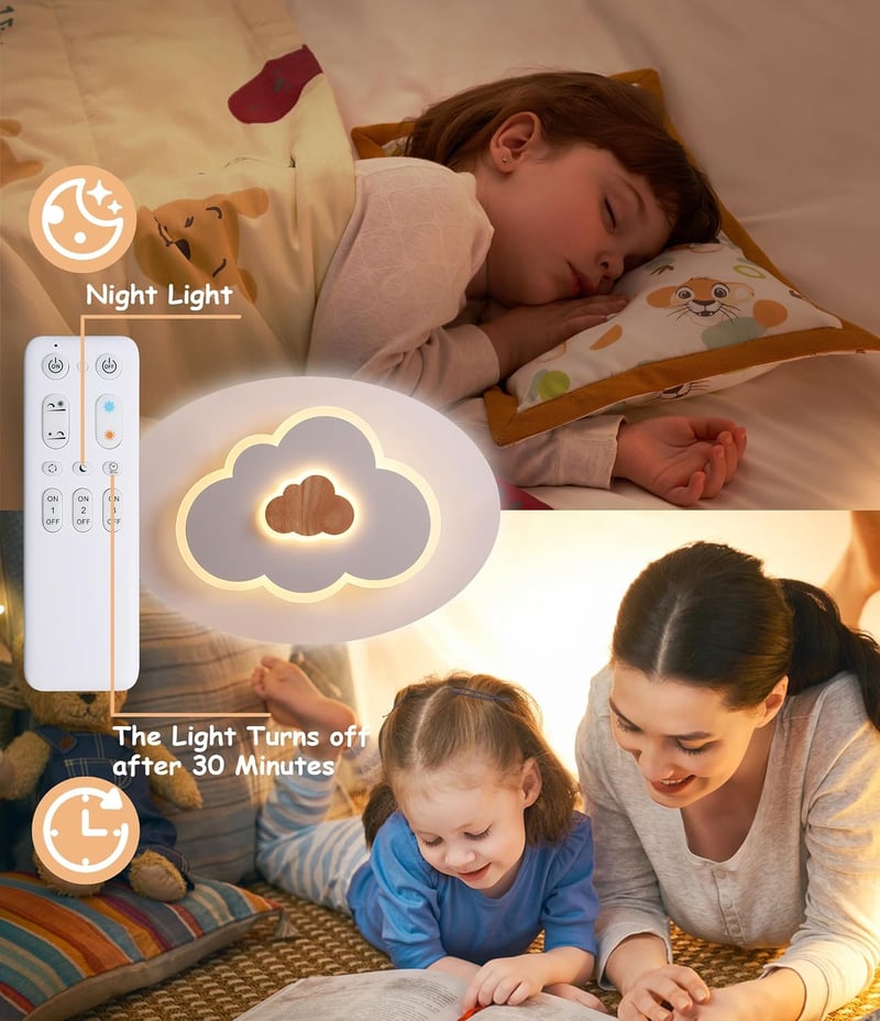 FANLG Felhő mintás LED mennyezeti lámpa gyerekszobába 26W 50 cm fa betéttel dimmelhető távirányítóval 3000-6000K