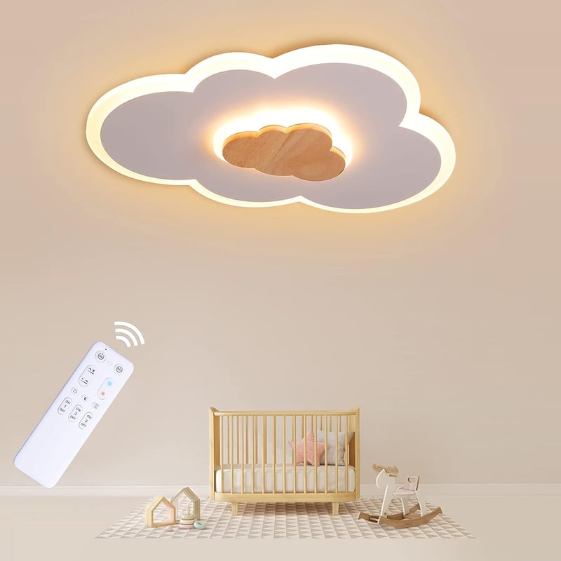 FANLG Felhő mintás LED mennyezeti lámpa gyerekszobába 26W 50 cm fa betéttel dimmelhető távirányítóval 3000-6000K