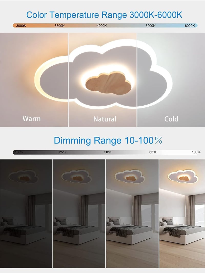 FANLG Felhő mintás LED mennyezeti lámpa gyerekszobába 26W 50 cm fa betéttel dimmelhető távirányítóval 3000-6000K