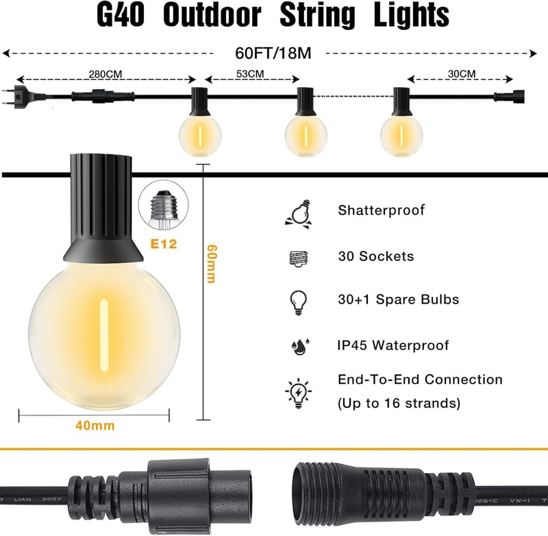 FANSANMY LED Fényfüzér Kültéri 18m IP45 Vízálló 30+1 G40 Izzó Kerti Dekoráció