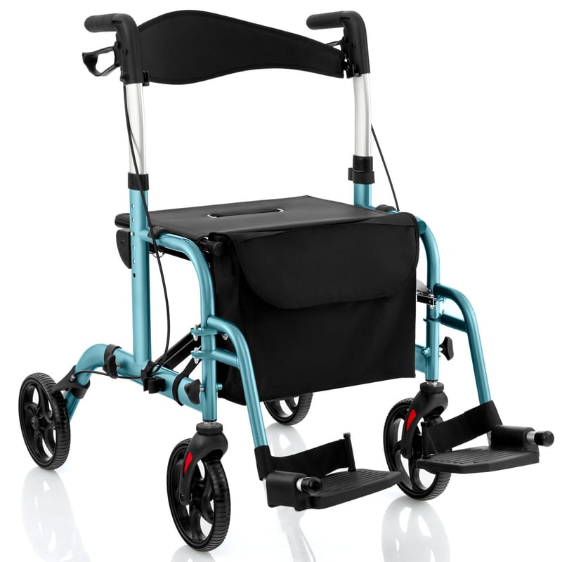 Rollator pliabil 2 în 1 FANTASK, reglabil pe înălțime în 6 trepte, cadru de mers din aluminiu cu scaun, geantă, frână și suport pentru baston, albastru