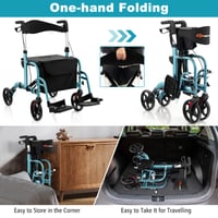 Rollator pliabil 2 în 1 FANTASK, reglabil pe înălțime în 6 trepte, cadru de mers din aluminiu cu scaun, geantă, frână și suport pentru baston, albastru 3