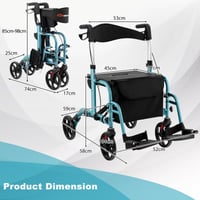 Rollator pliabil 2 în 1 FANTASK, reglabil pe înălțime în 6 trepte, cadru de mers din aluminiu cu scaun, geantă, frână și suport pentru baston, albastru 6