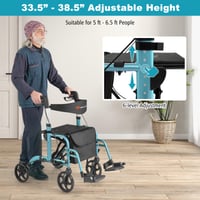 Rollator pliabil 2 în 1 FANTASK, reglabil pe înălțime în 6 trepte, cadru de mers din aluminiu cu scaun, geantă, frână și suport pentru baston, albastru 4