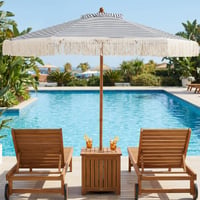 FANTASK Ø 200 cm Umbrelă de soare cu ciucuri, umbrelă romantică de grădină, umbrelă boho pentru terasă și balcon, albastru-alb 8