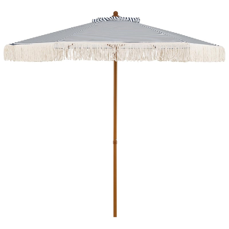 FANTASK Ø 200 cm Umbrelă de soare cu ciucuri, umbrelă romantică de grădină, umbrelă boho pentru terasă și balcon, albastru-alb