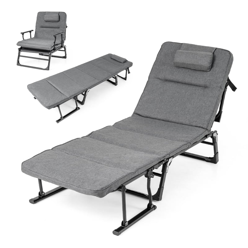 Pat de camping 3 în 1 FANTASK, șezlong cu spătar și tetieră reglabile, capacitate de încărcare 200 kg, scaun de grădină pliabil, 185 x 60,5 x 38 cm