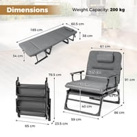 Pat de camping 3 în 1 FANTASK, șezlong cu spătar și tetieră reglabile, capacitate de încărcare 200 kg, scaun de grădină pliabil, 185 x 60,5 x 38 cm 3