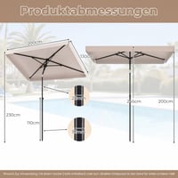 FANTASK erkélyes napernyő, 210x130 cm, téglalap alakú kerti napernyő hordótáskával, mindkét irányban 30°-ban dönthető, terasz és balkon, bézs 2