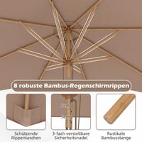 FANTASK Slnečník 270 cm, záhradný slnečník s možnosťou naklonenia o 30° na obe strany, drevený balkónový slnečník, terasový slnečník do záhrady, na balkón a terasu, kaki béžová 3