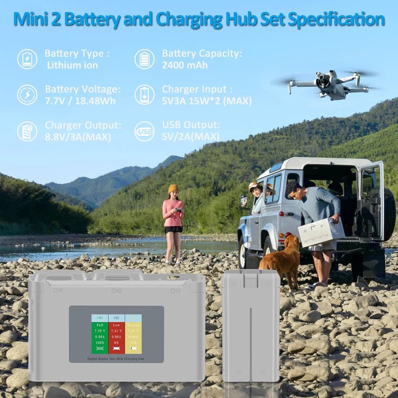 Fantasyo DJI Mini 2 SE Intelligens Akkumulátor 2400mAh 2db + LED Töltő Szett