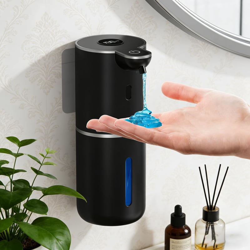 Fantictas Automatikus Szappanadagoló Kijelzővel, USB Töltős, 6 Fokozatú, 380 ml, Falra Szerelhető, Fürdőszobába és Konyhába, Fekete