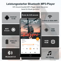 Fanvace MP3 player sa Spotify, Bluetooth i WLAN vezom, sa ekranom osetljivim na dodir od 4,02 inča 3