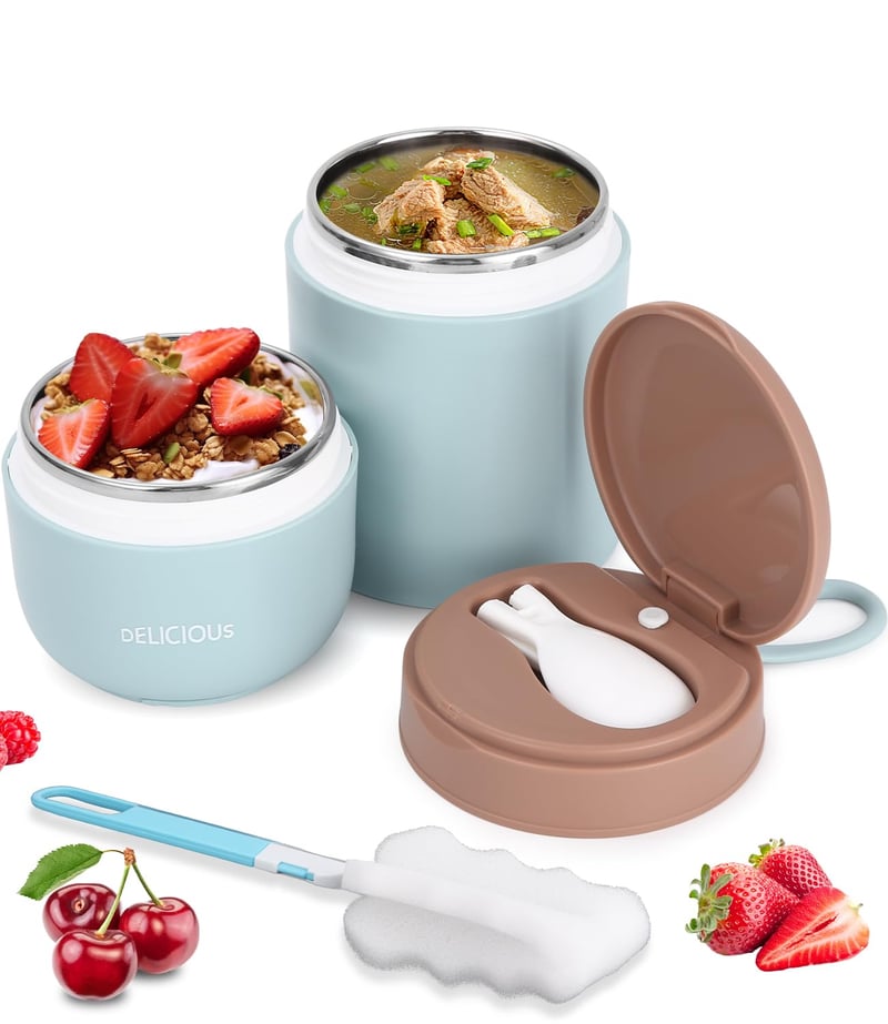 FAOKZE Nerezový pohár na müsli so sebou 720 ml modrý, nepriepustný téglik na jogurt s lyžičkou a viečkom do práce, školy a na cesty