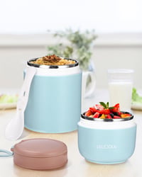 FAOKZE Nerezový pohár na müsli so sebou 720 ml modrý, nepriepustný téglik na jogurt s lyžičkou a viečkom do práce, školy a na cesty 5