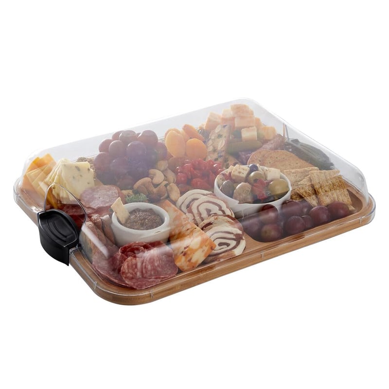 Tocător de bambus Farberware Build-a-Board cu capac transparent și compartimente, pentru mezeluri și gustări, 28 x 35,5 cm, negru