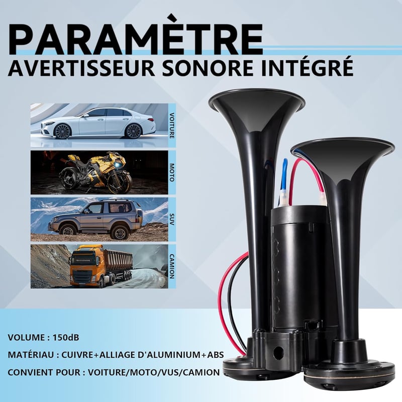 FARBIN Teherautó Kürt Készlet 12V – 150dB Dupla Csöves Autóduda Kompresszorral és Relével, Autóhoz/Motorhoz/Kamionhoz