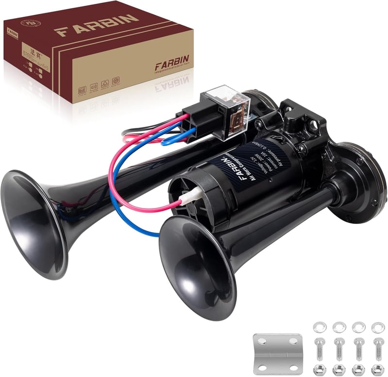 FARBIN Teherautó Kürt Készlet 12V – 150dB Dupla Csöves Autóduda Kompresszorral és Relével, Autóhoz/Motorhoz/Kamionhoz